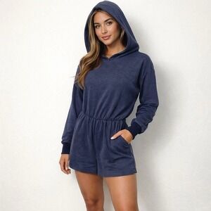 Free People Movement Sz Small Romper Hooded Navy Blue Pockets Athleisure Boho FP